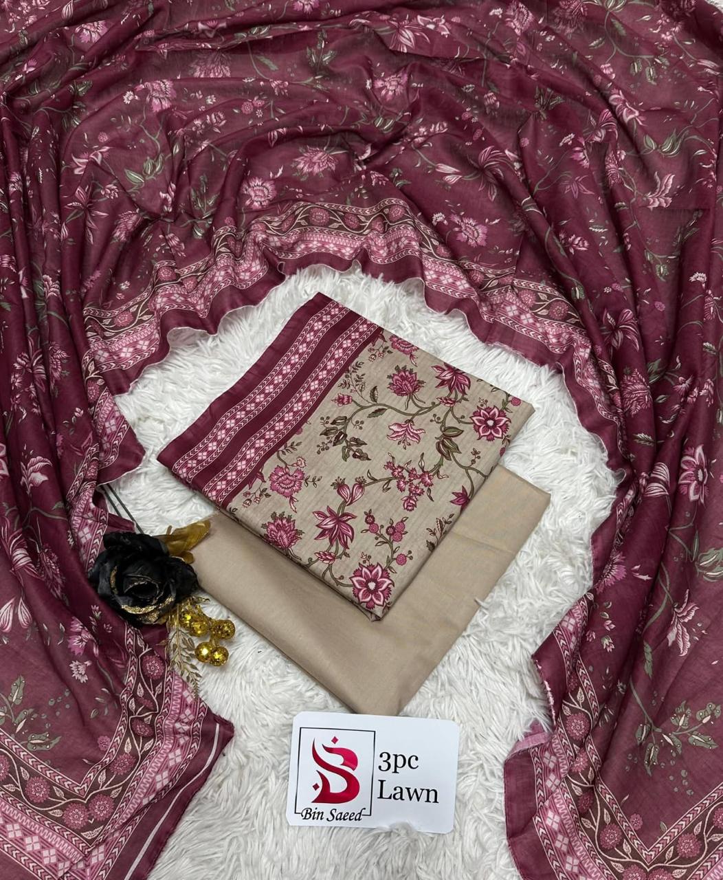 Bin Saeed Luxury Lawn – Premium 3-Piece Unstitched Suit | Fashion Fusion