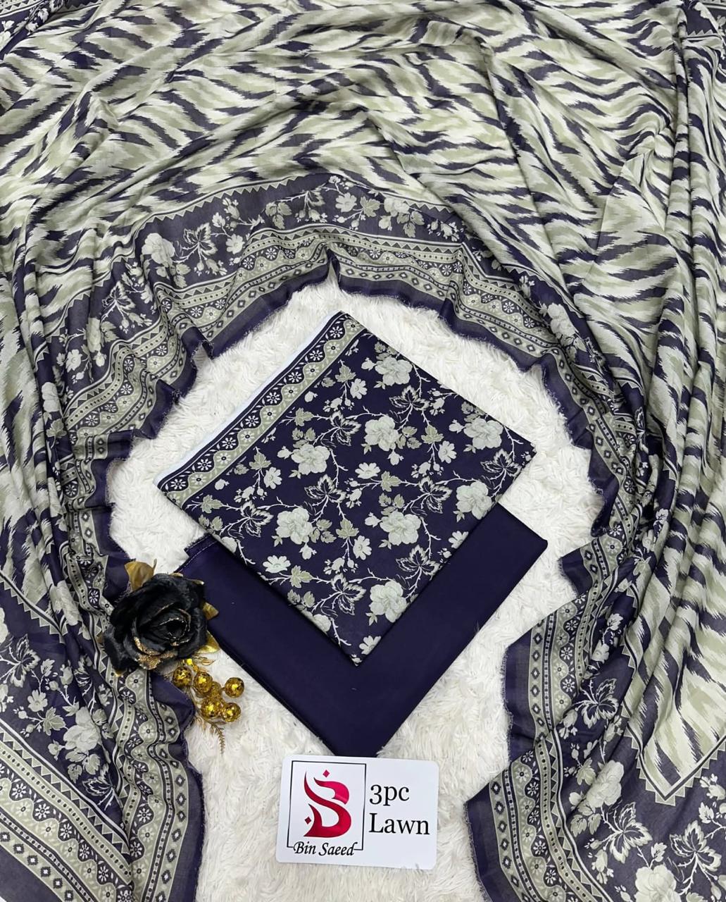 Bin Saeed Luxury Lawn – Premium 3-Piece Unstitched Suit | Fashion Fusion